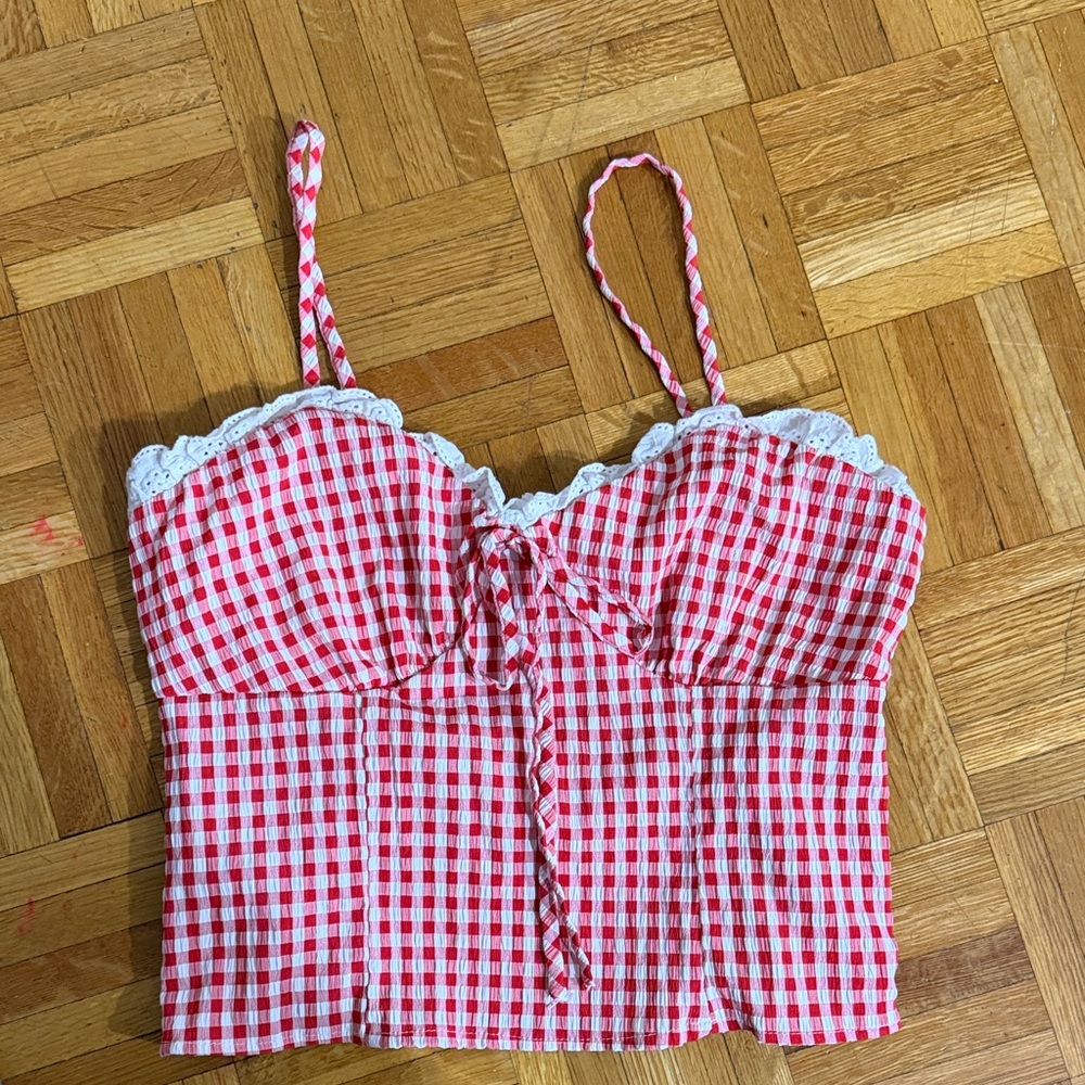 NWT Good Luck Gem Red/White Gingham Eyelet Trim Cami Top
